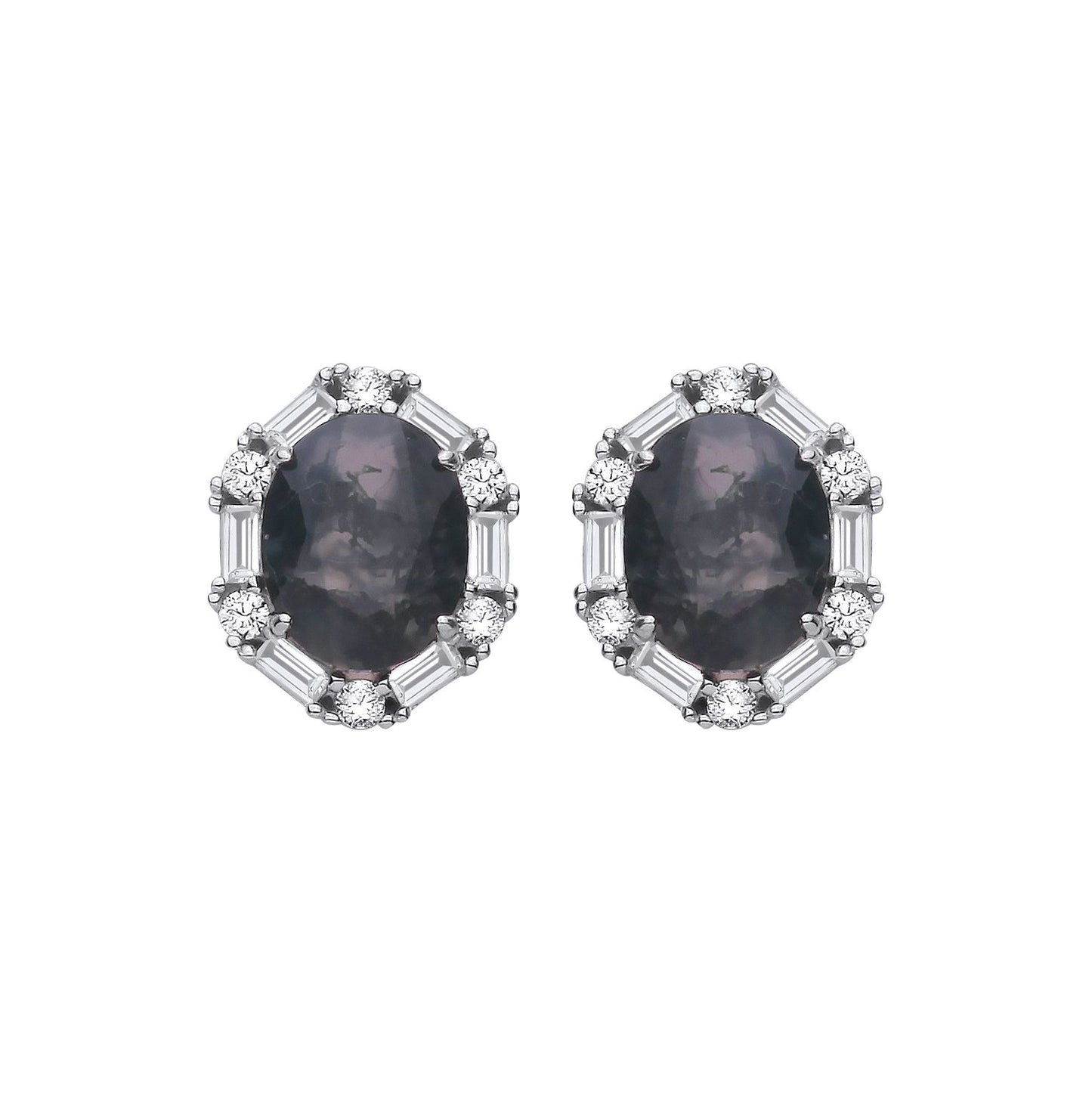 Sterling Silver CZ & Moss Agate Oval Cut Stud Earrings - EAG1428