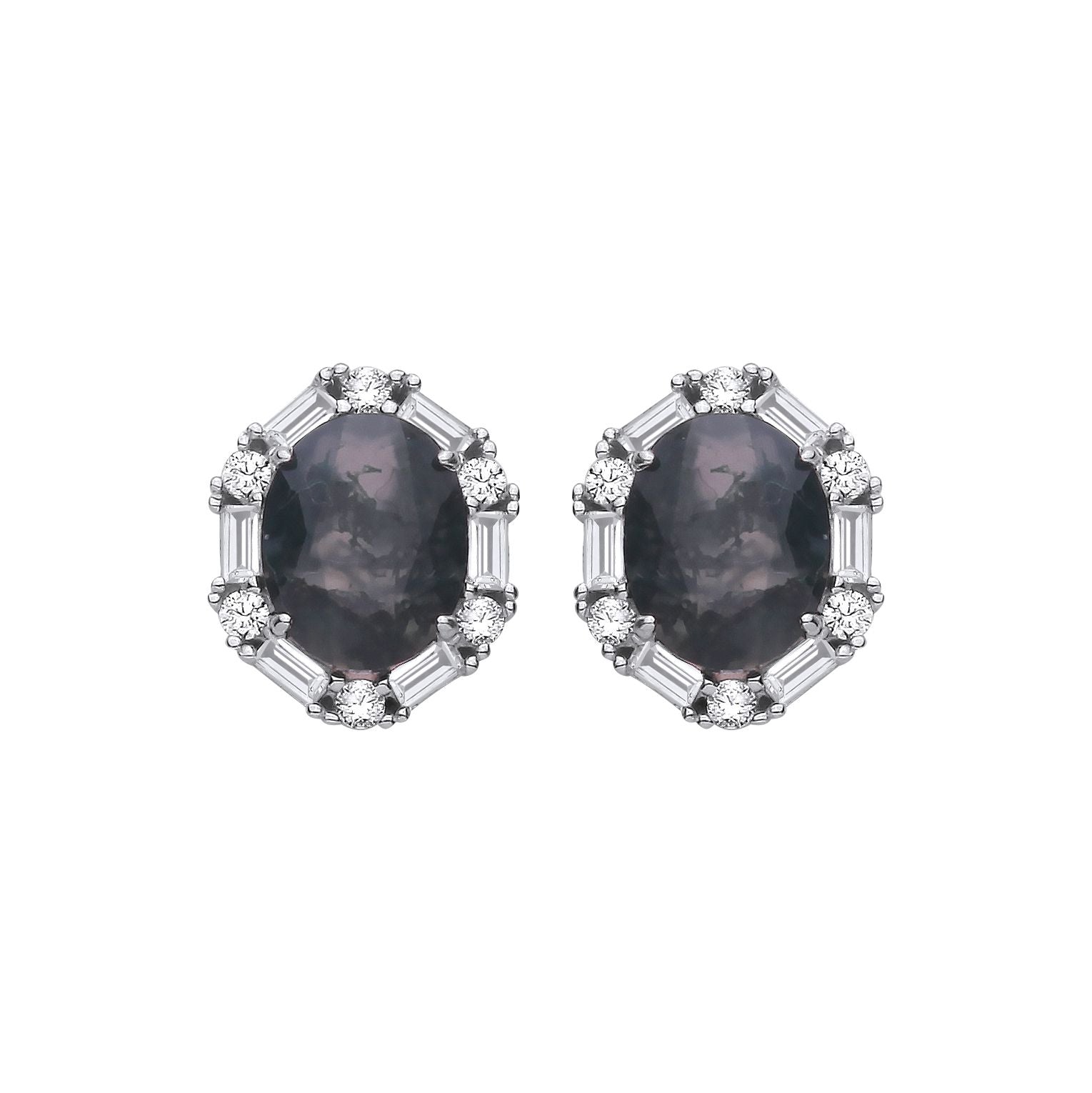 Sterling Silver CZ & Moss Agate Oval Cut Stud Earrings - EAG1428