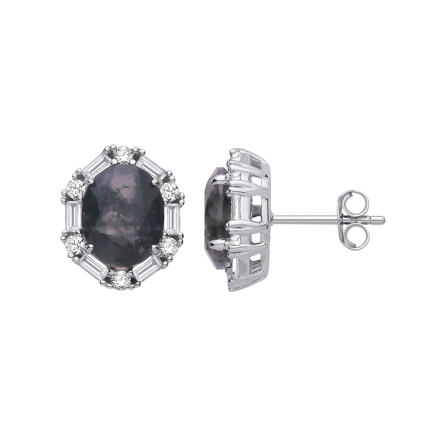 Silver  Black Oval Moss Agate CZ Spooky Smoke Halo Stud Earrings - EAG1428