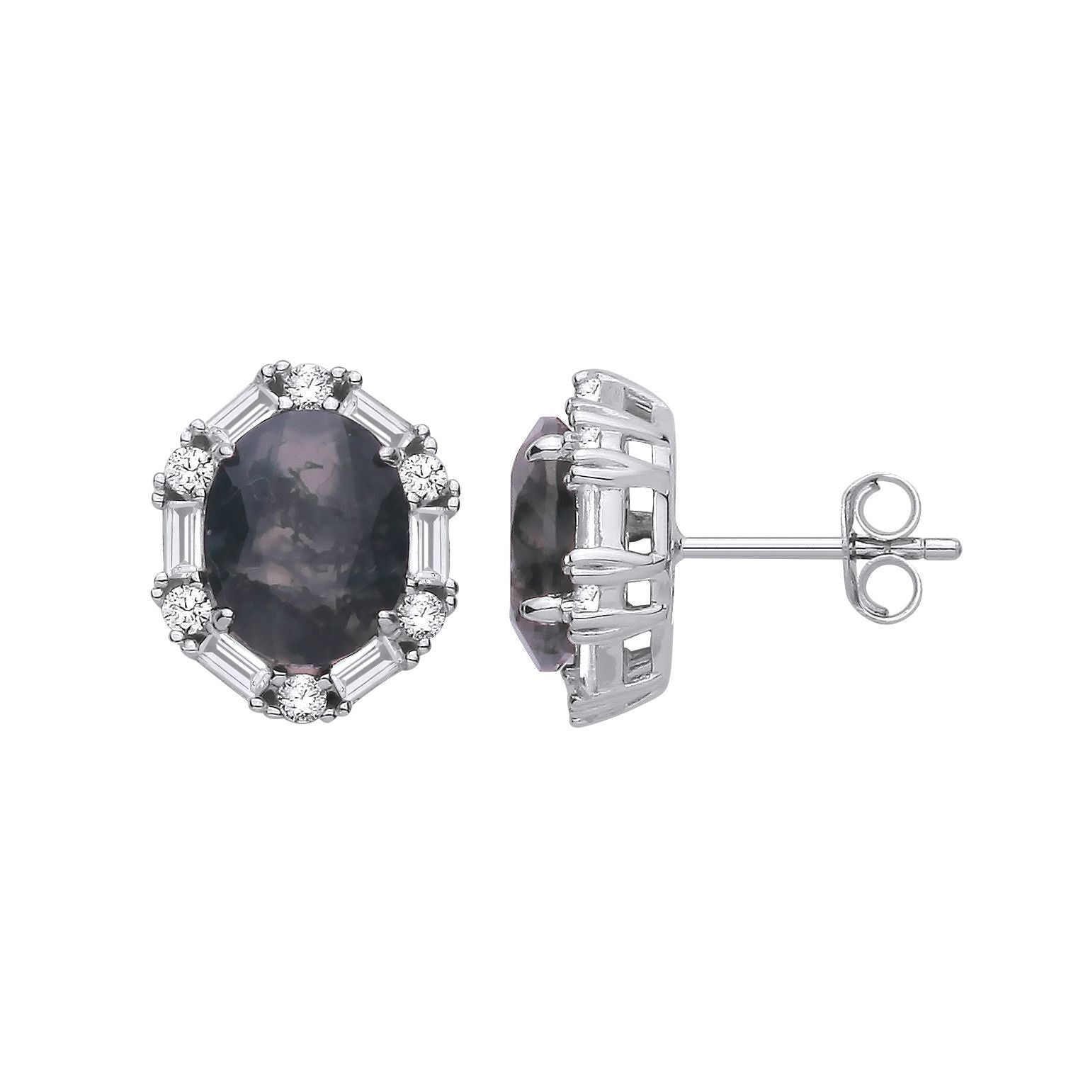 Silver  Black Oval Moss Agate CZ Spooky Smoke Halo Stud Earrings - EAG1428