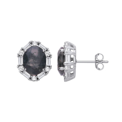 Silver  Black Oval Moss Agate CZ Spooky Smoke Halo Stud Earrings - EAG1428