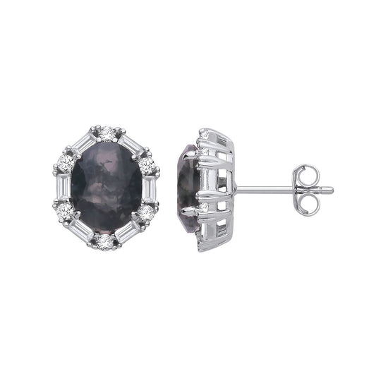 Silver  Black Oval Moss Agate CZ Spooky Smoke Halo Stud Earrings - EAG1428