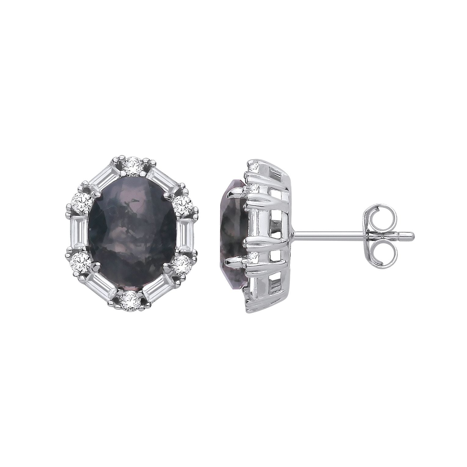 Sterling Silver CZ & Moss Agate Oval Cut Stud Earrings - EAG1428