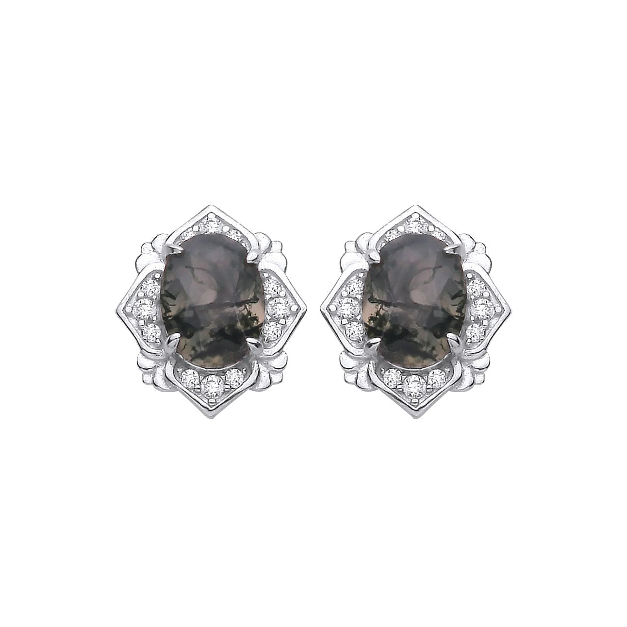 Sterling Silver CZ & Moss Agate Oval Cut Stud Earrings - EAG1429