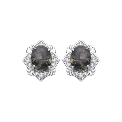 Sterling Silver CZ & Moss Agate Oval Cut Stud Earrings - EAG1429