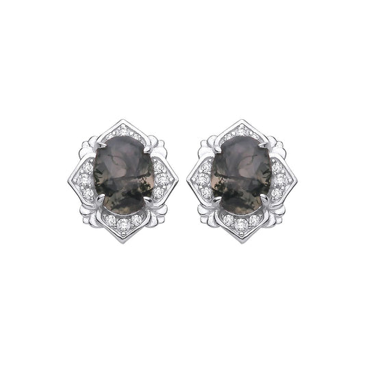 Sterling Silver CZ & Moss Agate Oval Cut Stud Earrings - EAG1429