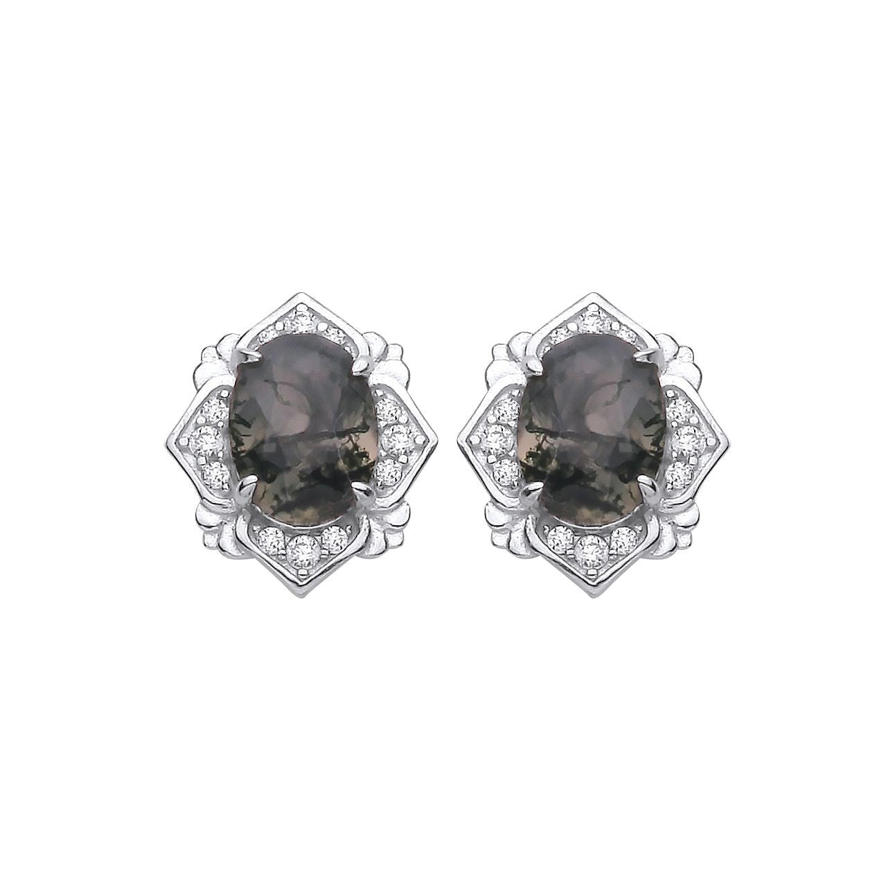 Silver  Moss Agate CZ Quatrefoil Fleur De Lis Spooky Drop Earrings - EAG1429