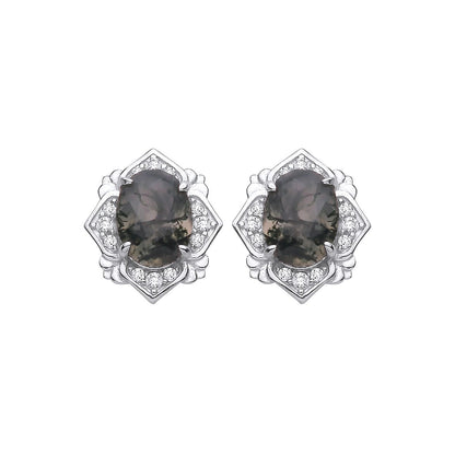 Silver  Moss Agate CZ Quatrefoil Fleur De Lis Spooky Drop Earrings - EAG1429