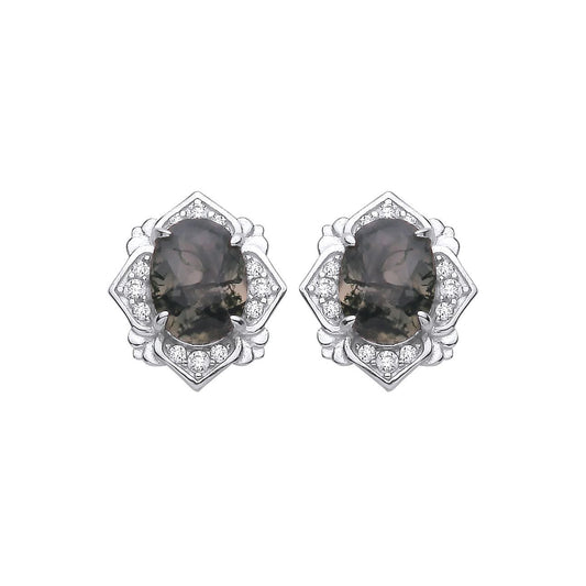 Silver  Moss Agate CZ Quatrefoil Fleur De Lis Spooky Drop Earrings - EAG1429