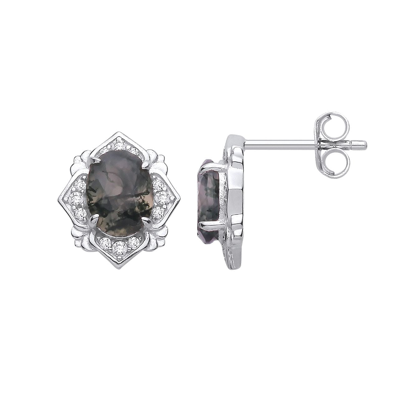 Sterling Silver CZ & Moss Agate Oval Cut Stud Earrings - EAG1429