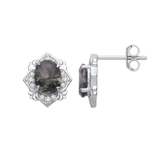 Sterling Silver CZ & Moss Agate Oval Cut Stud Earrings - EAG1429