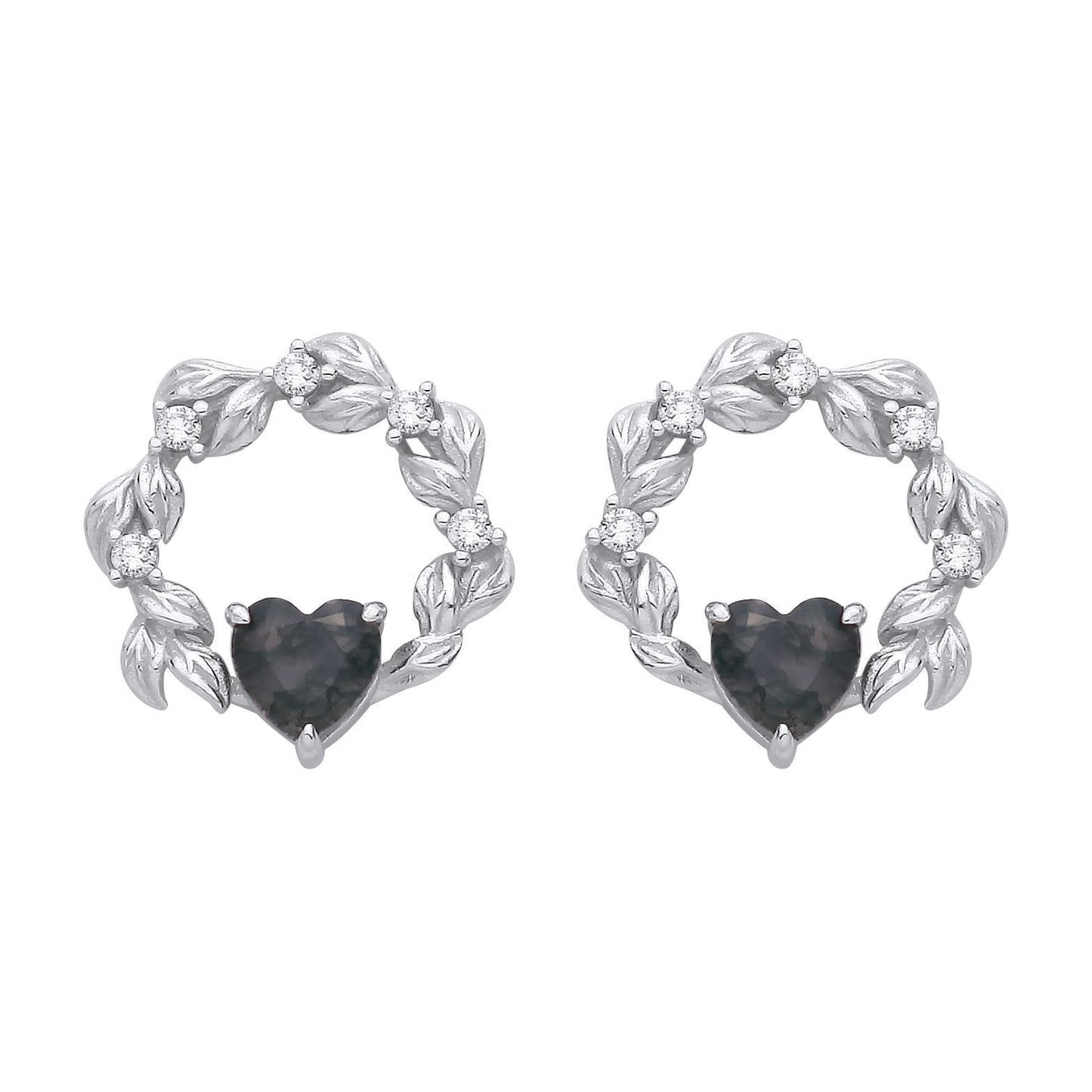 Silver  Black Heart Moss Agate CZ Spooky Fog Forest Drop Earrings - EAG1430