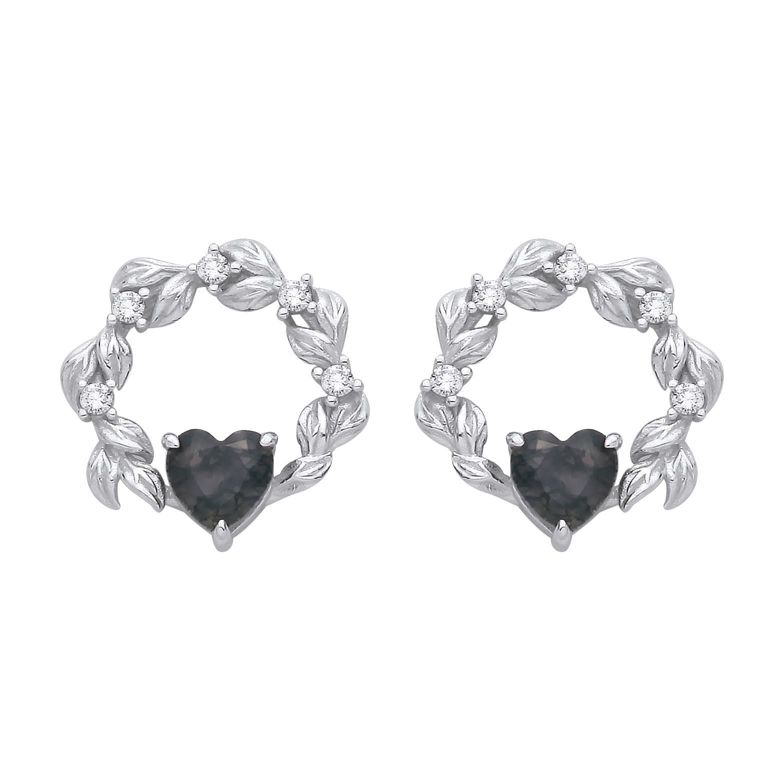 Silver  Black Heart Moss Agate CZ Spooky Fog Forest Drop Earrings - EAG1430