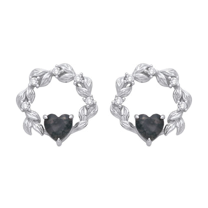 Silver  Black Heart Moss Agate CZ Spooky Fog Forest Drop Earrings - EAG1430