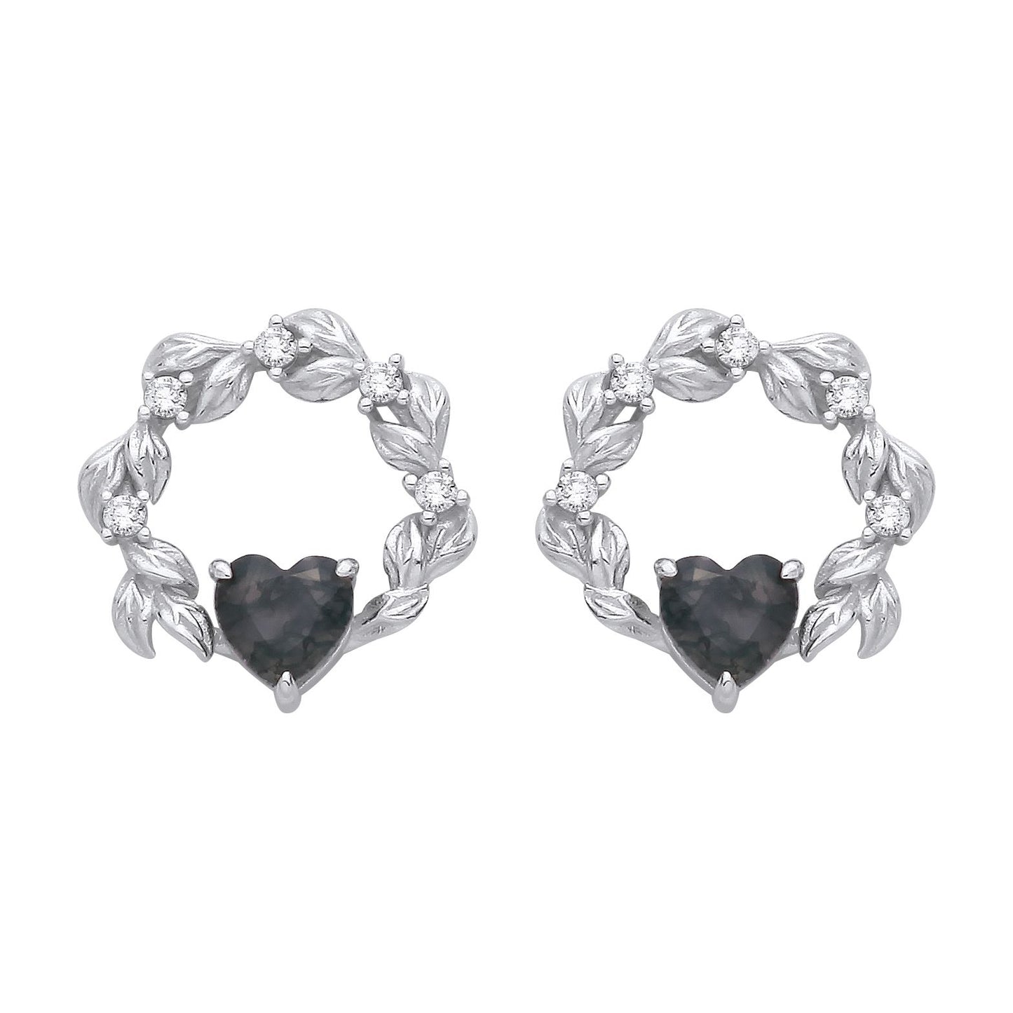 Sterling Silver CZ & Moss Agate Heart Vermeil Stud Earrings - EAG1430
