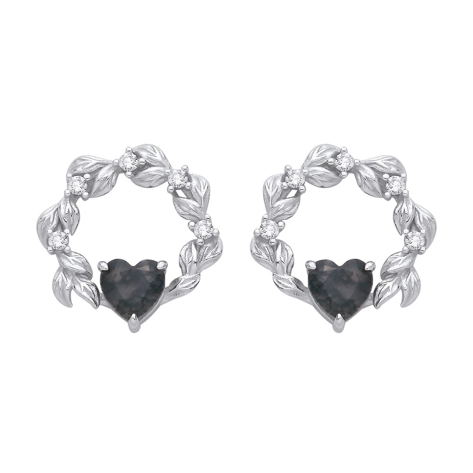 Sterling Silver CZ & Moss Agate Heart Vermeil Stud Earrings - EAG1430