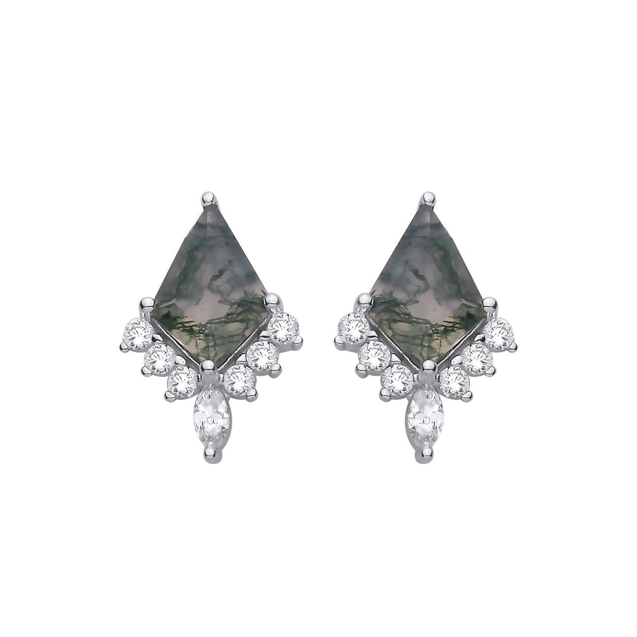 Silver  Moss Agate CZ Art Deco Arrowhead Chandelier Drop Earrings - EAG1431
