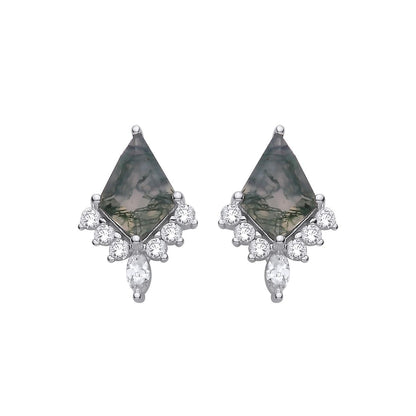 Silver  Moss Agate CZ Art Deco Arrowhead Chandelier Drop Earrings - EAG1431