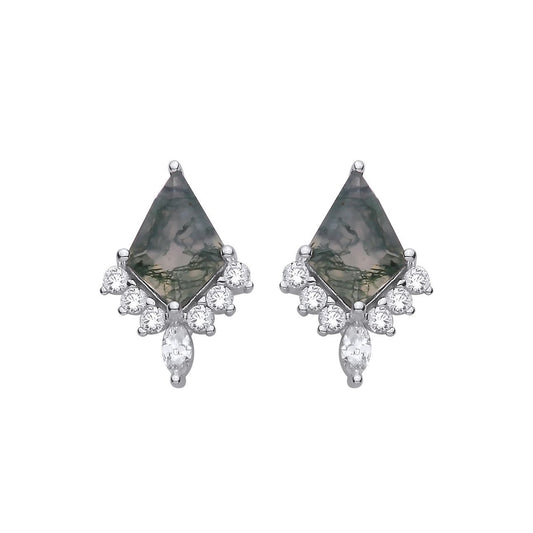 Silver  Moss Agate CZ Art Deco Arrowhead Chandelier Drop Earrings - EAG1431