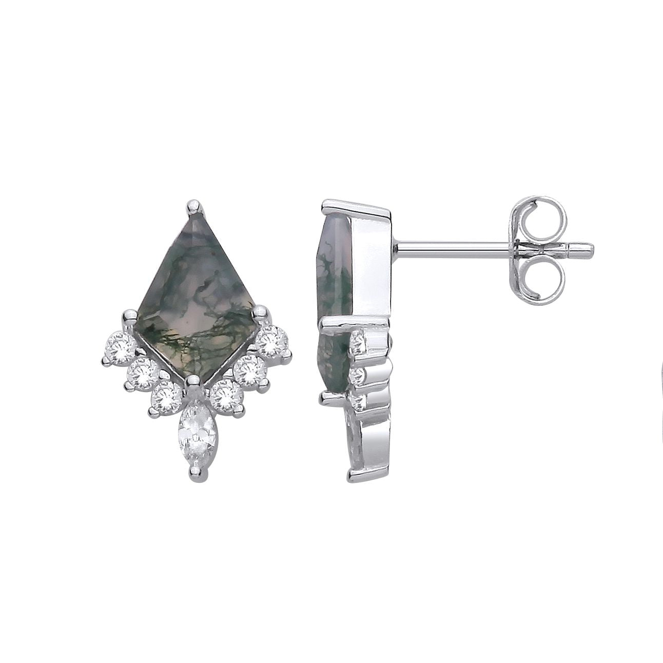 Sterling Silver CZ & Moss Agate Kite Cut Stud Earrings - EAG1431