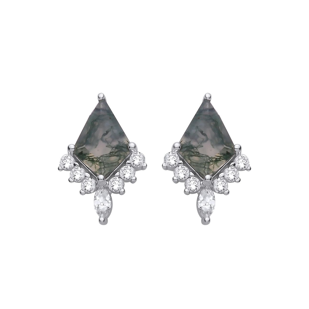 Sterling Silver CZ & Moss Agate Kite Cut Stud Earrings - EAG1431
