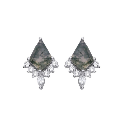 Sterling Silver CZ & Moss Agate Kite Cut Stud Earrings - EAG1431