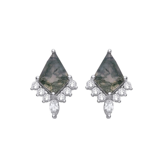 Sterling Silver CZ & Moss Agate Kite Cut Stud Earrings - EAG1431