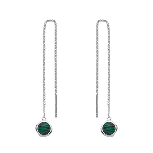Silver Green Malachite Organic Molten Threader Drop Earrings - EAG1432