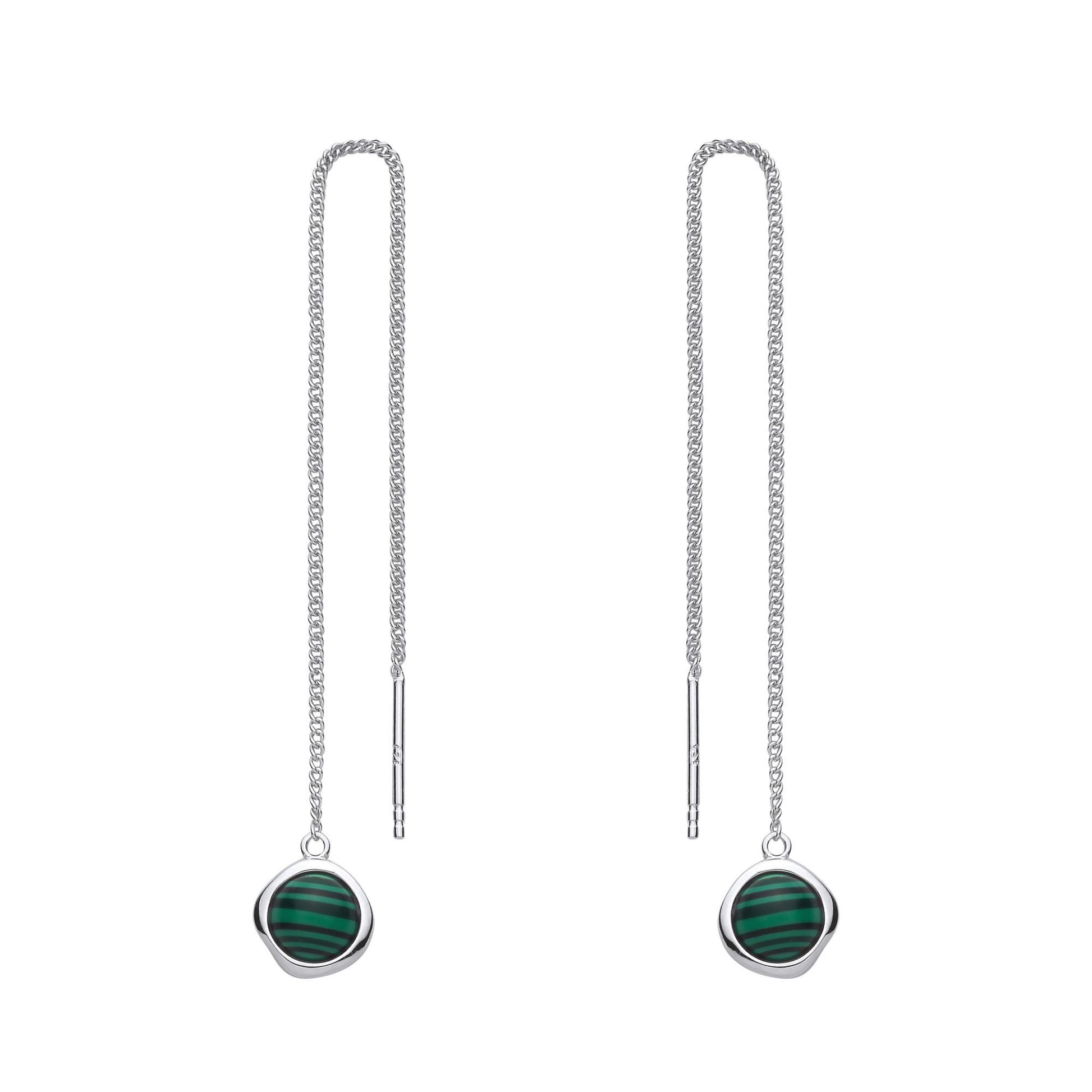 Silver  Green Malachite Organic Molten Threader Drop Earrings - EAG1432