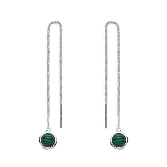 Silver Thread Through Chain Dangle Earring Synthetic Malachite - EAG1432