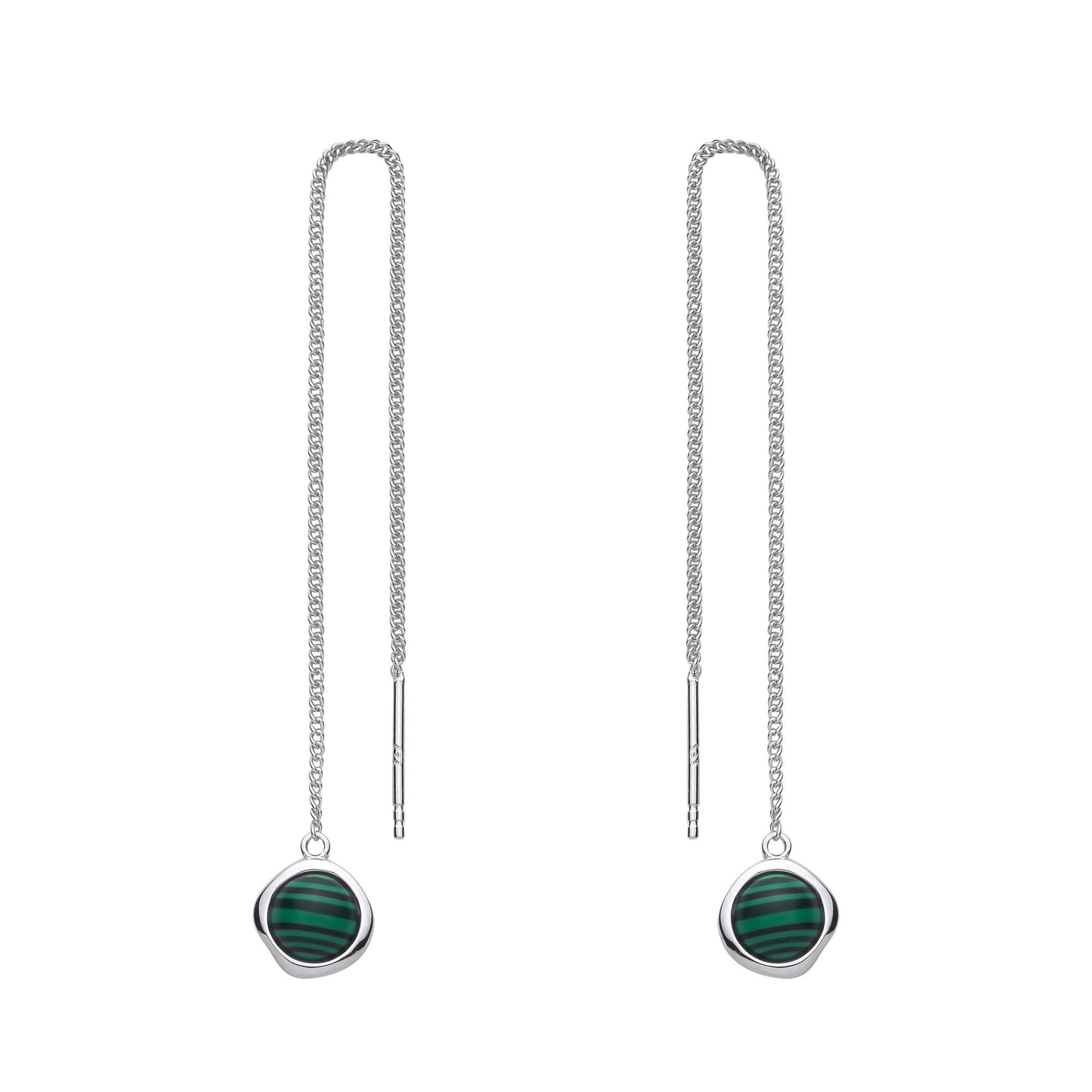 Sterling Silver Thread Through Chain Dangle Earring With Synthetic Malachite Stone - EAG1432