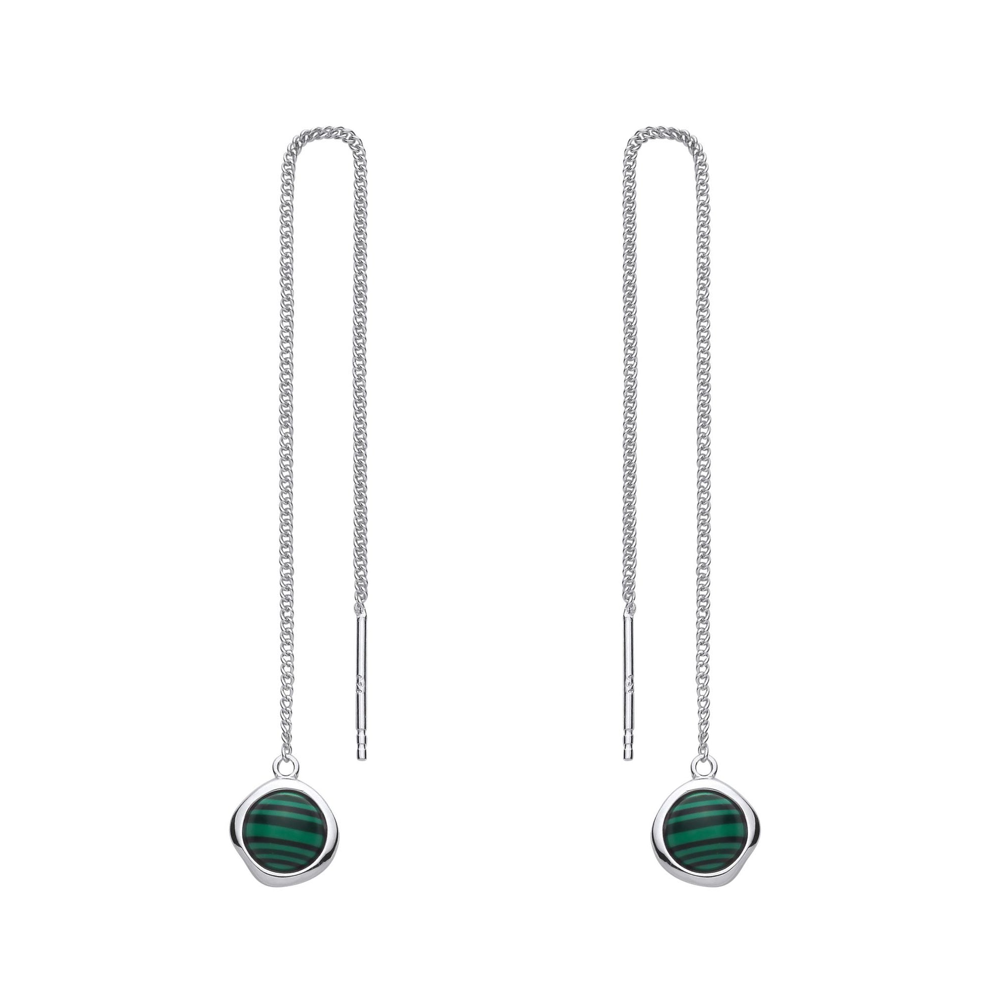 Sterling Silver Thread Through Chain Dangle Earring With Synthetic Malachite Stone - EAG1432