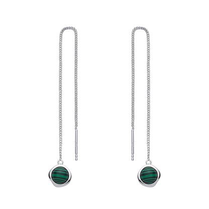 Sterling Silver Thread Through Chain Dangle Earring With Synthetic Malachite Stone - EAG1432