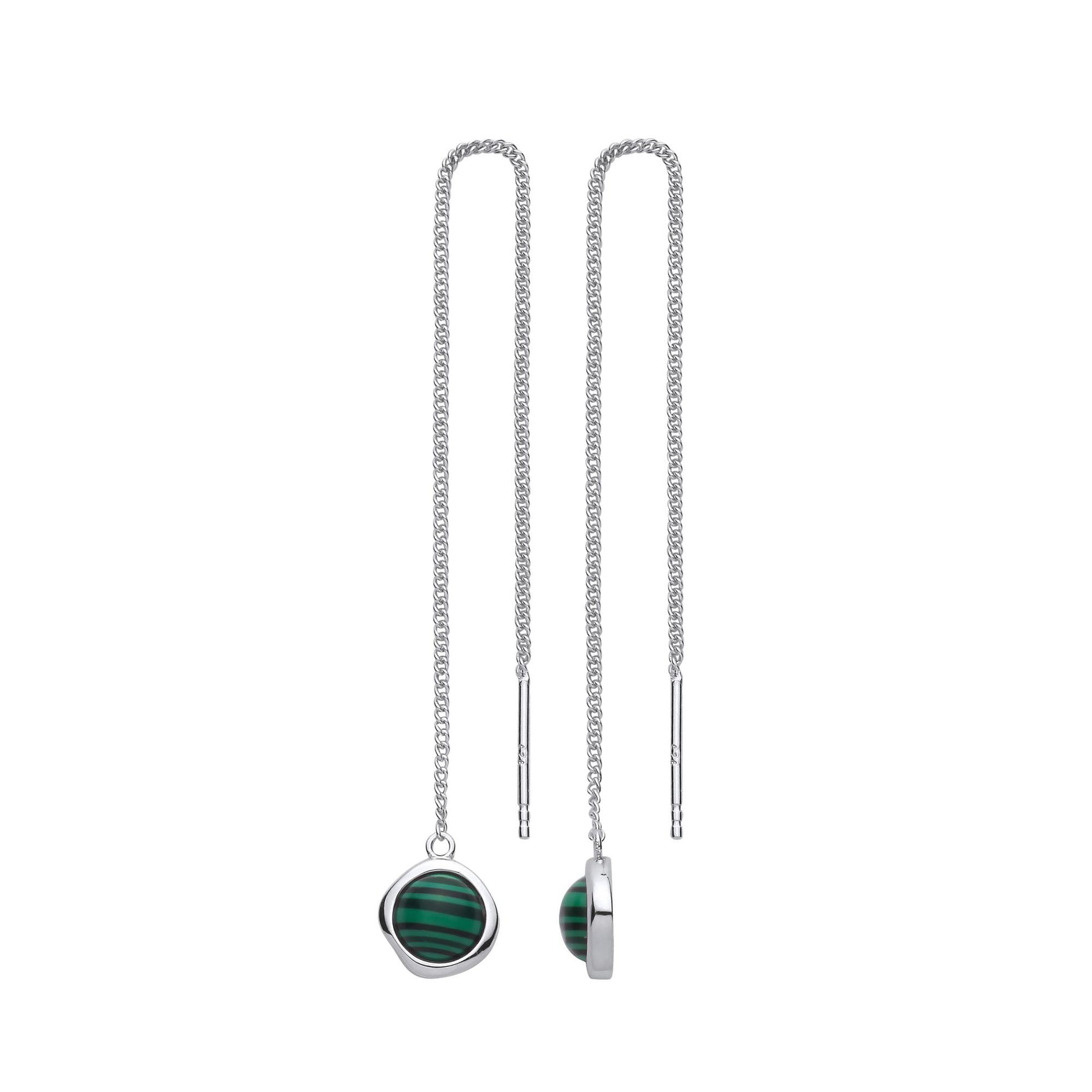 Silver  Green Malachite Organic Molten Threader Drop Earrings - EAG1432