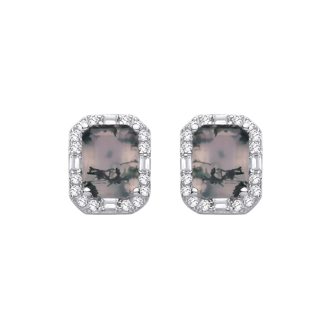 Silver  Moss Agate CZ Spooky Forest Octagon Halo Drop Earrings - EAG1433