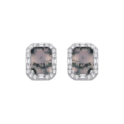 Silver  Moss Agate CZ Spooky Forest Octagon Halo Drop Earrings - EAG1433