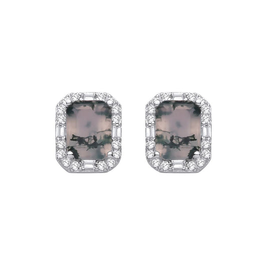 Silver  Moss Agate CZ Spooky Forest Octagon Halo Drop Earrings - EAG1433