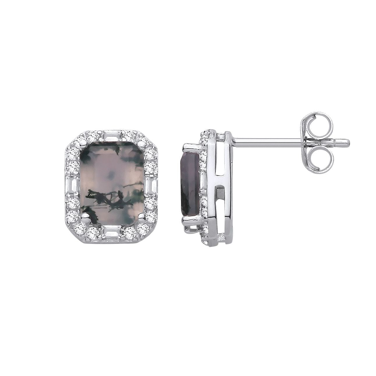 Silver  Moss Agate CZ Spooky Forest Octagon Halo Drop Earrings - EAG1433