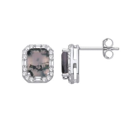 Silver  Moss Agate CZ Spooky Forest Octagon Halo Drop Earrings - EAG1433