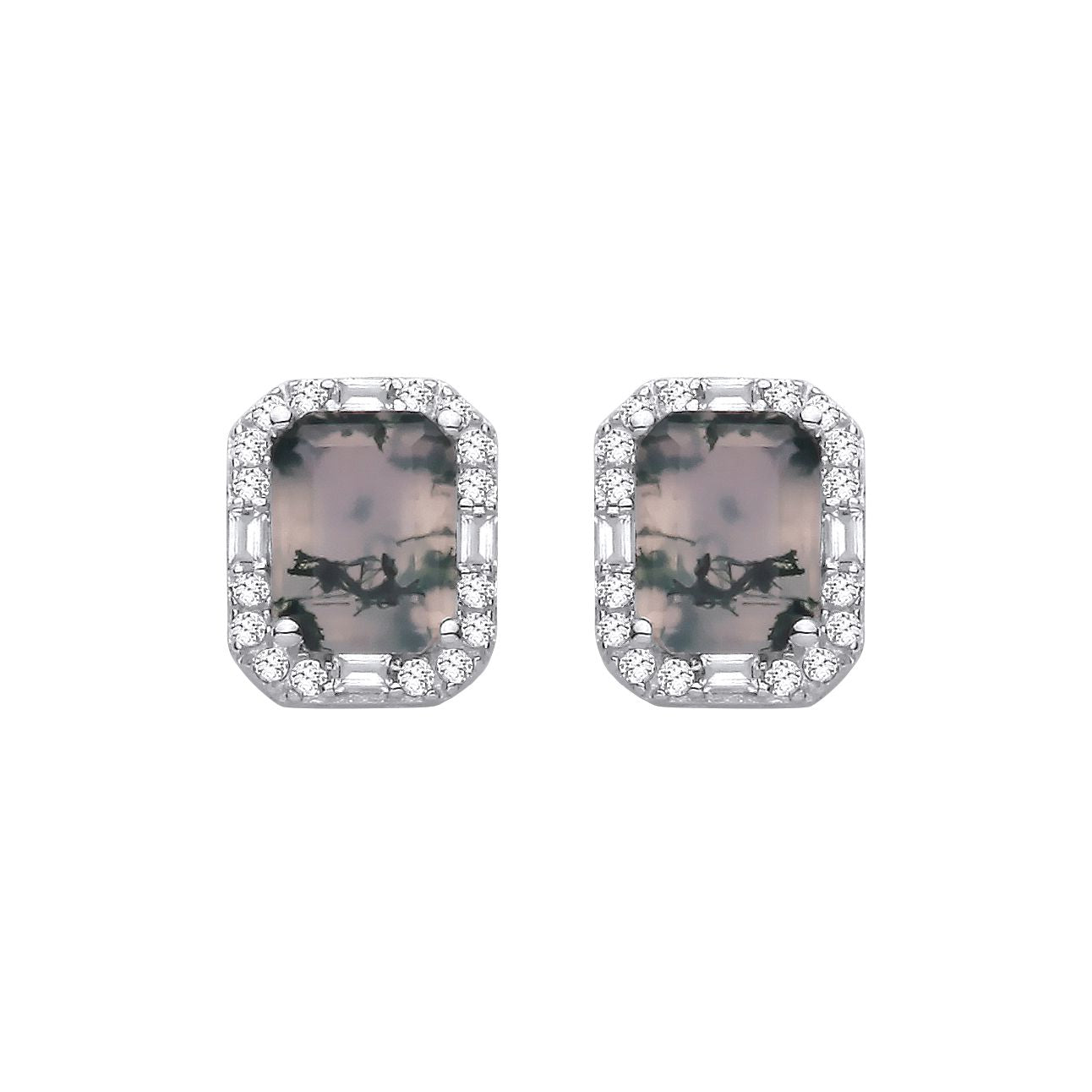 Sterling Silver CZ & Moss Agate Fancy Stud Earrings - EAG1433