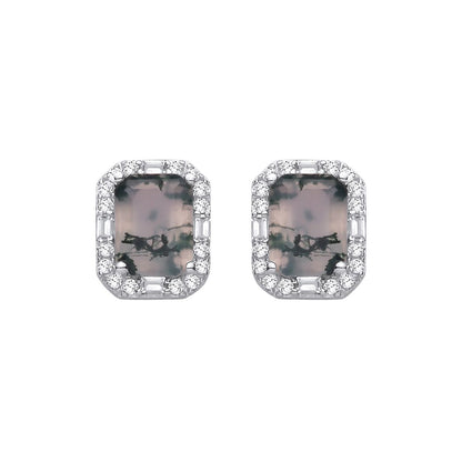 Sterling Silver CZ & Moss Agate Fancy Stud Earrings - EAG1433