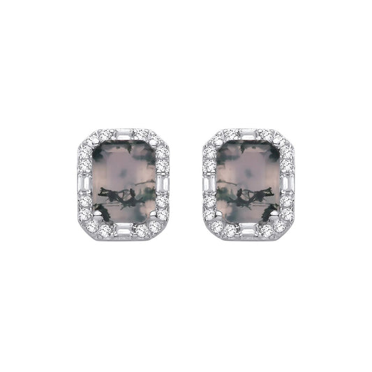 Sterling Silver CZ & Moss Agate Fancy Stud Earrings - EAG1433
