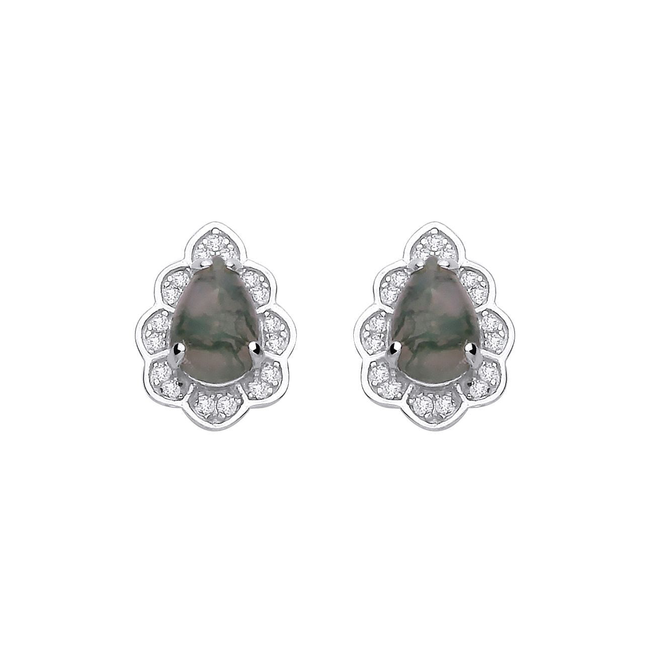 Silver  Grey Moss Agate CZ Spooky Forest Pinecone Drop Earrings - EAG1434