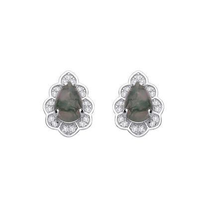 Silver  Grey Moss Agate CZ Spooky Forest Pinecone Drop Earrings - EAG1434