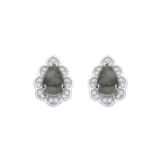 Silver  Grey Moss Agate CZ Spooky Forest Pinecone Drop Earrings - EAG1434