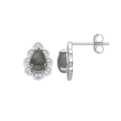 Sterling Silver CZ & Moss Agate Teardrop Stud Earrings - EAG1434