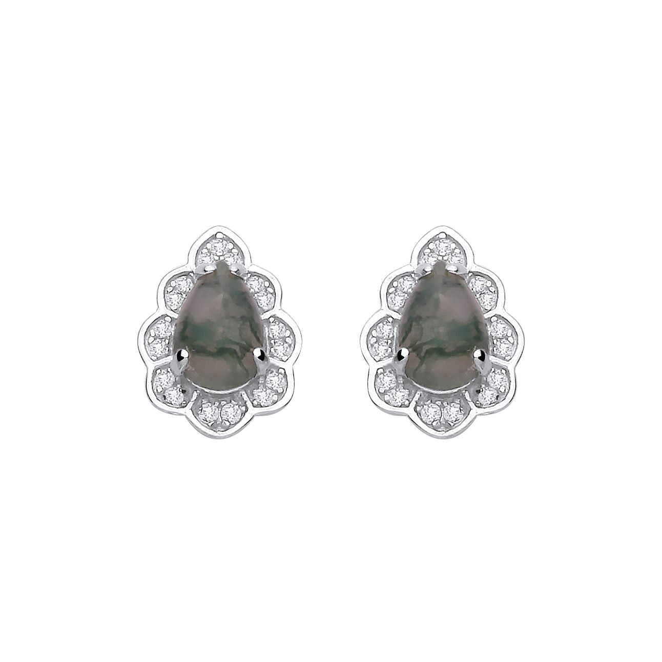 Sterling Silver CZ & Moss Agate Teardrop Stud Earrings - EAG1434