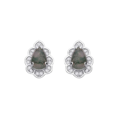 Sterling Silver CZ & Moss Agate Teardrop Stud Earrings - EAG1434