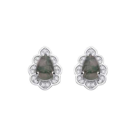 Sterling Silver CZ & Moss Agate Teardrop Stud Earrings - EAG1434