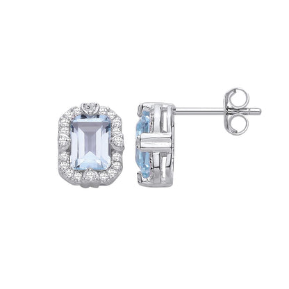 Sterling Silver CZ & Sky Blue Topaz Halo Cluster Stud Earrings - EAG1435